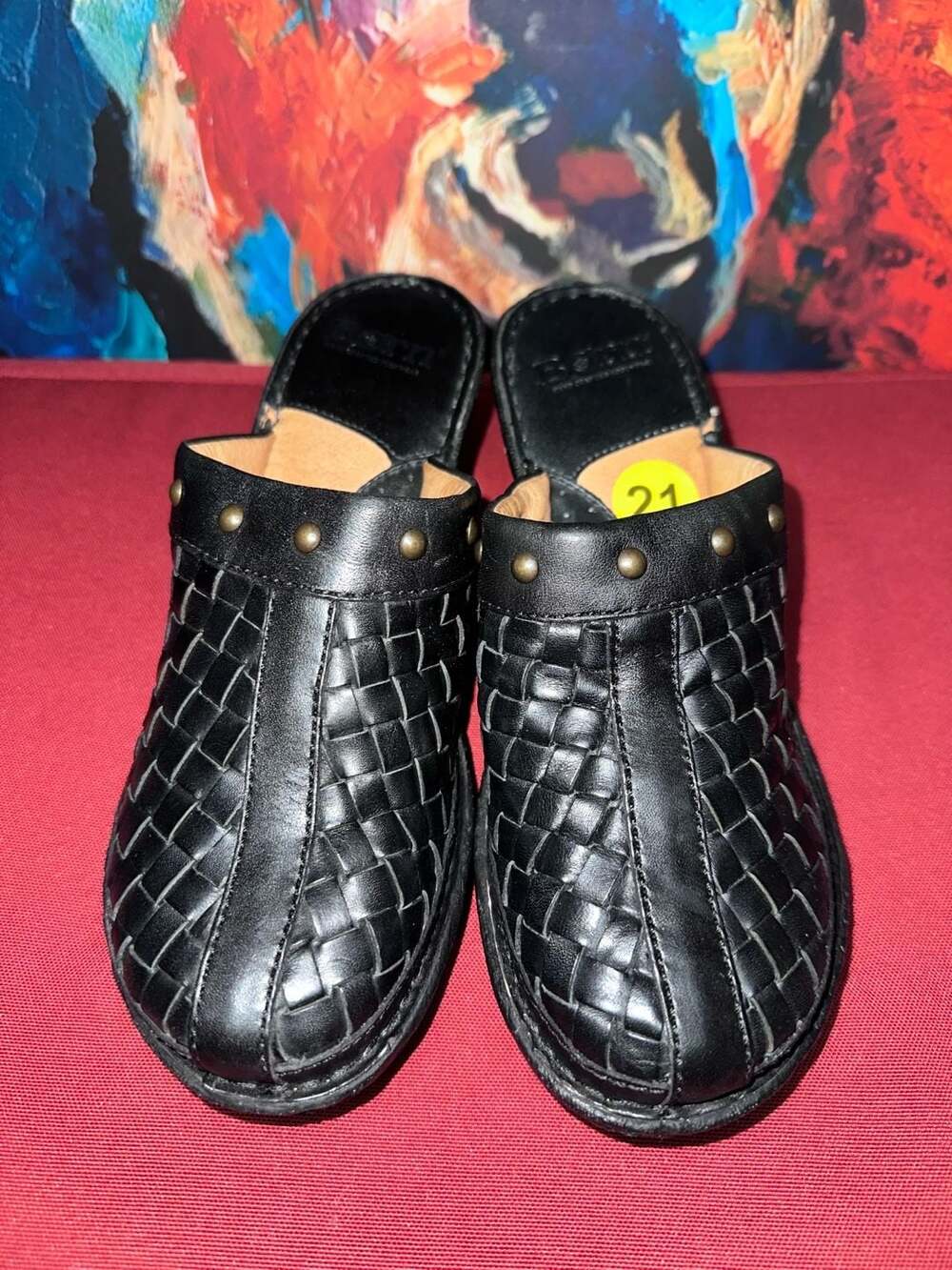 No.21 Born Women's Woven Black Leather Mules w/Studs & Faux Wood 3" Heel